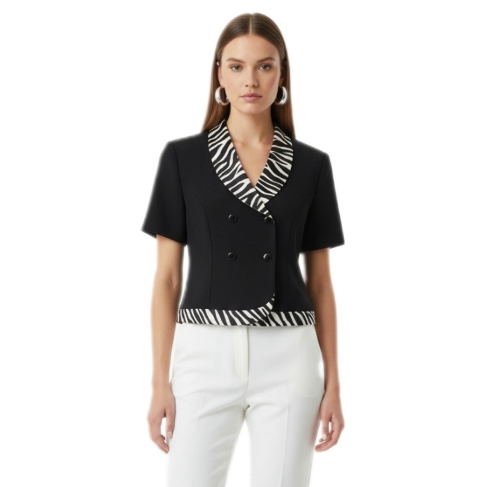Sweet Suit Vintage 90s Black Zebra Trim Double Breasted Cropped Blazer